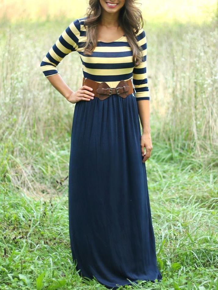 Romwe Scoop Neck Striped Maxi Navy Dress
