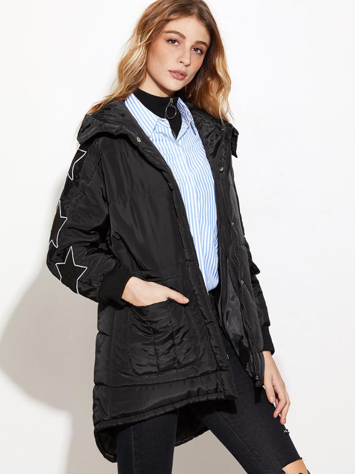 Romwe Black Dip Hem Embroidery Patch Back Hooded Padded Coat
