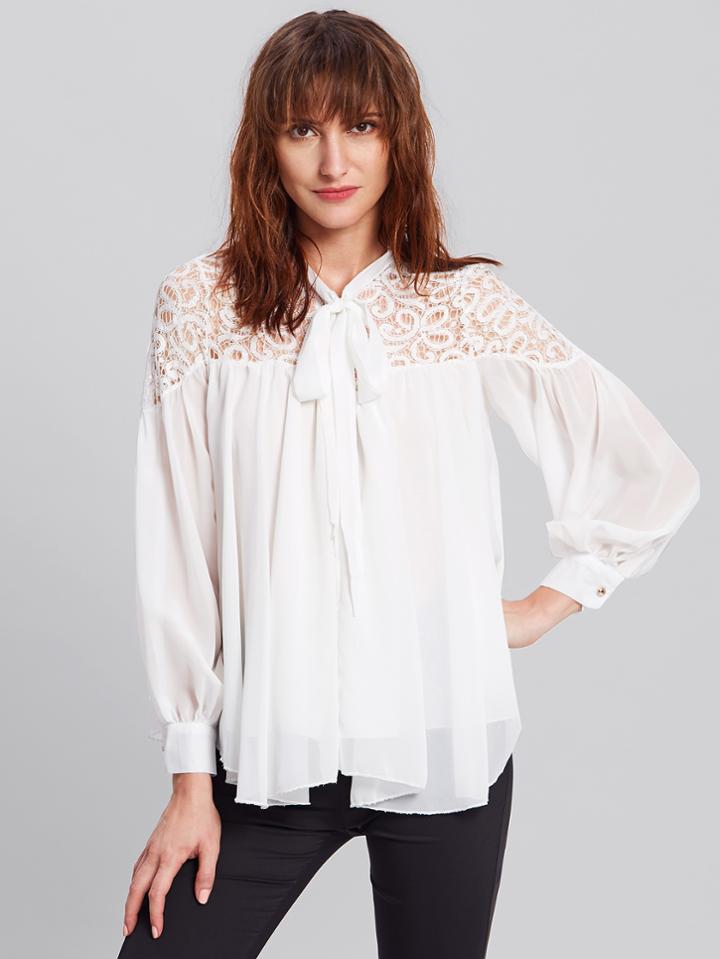 Romwe Bow Tie Lace Shoulder Blouse