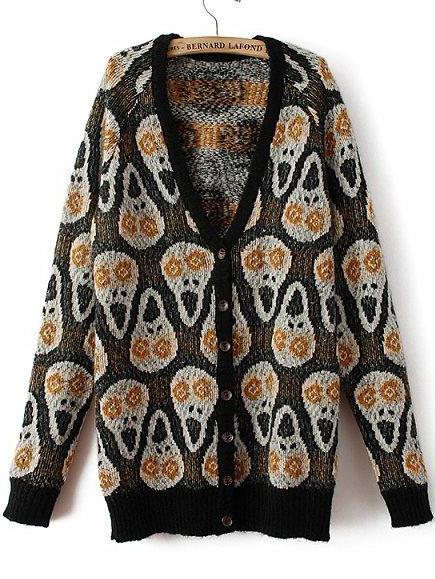 Romwe With Buttons Skull Print Cardigan
