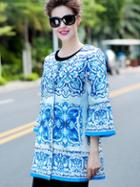 Romwe White And Blue Porcelain Length Sleeve Pockets Coat