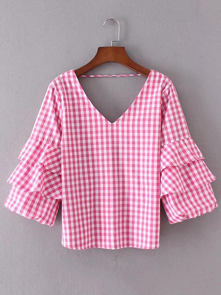 Romwe Layered Ruffle Sleeve Open Back Plaid Top