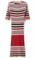 Romwe Striped Knit Slim Red Dress
