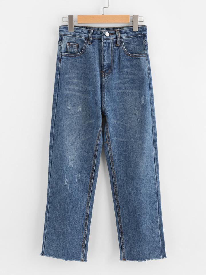 Romwe Bleach Wash Raw Hem Jeans