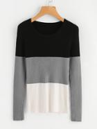 Romwe Color Block Ribbed Knit Sweater