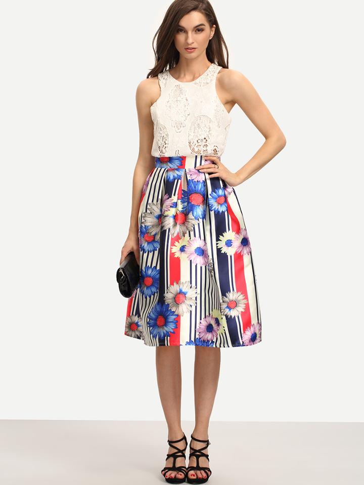 Romwe Vertical Striped & Daisy Print Midi Skirt