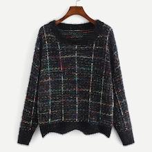 Romwe Scalloped Hem Plaid Sweater