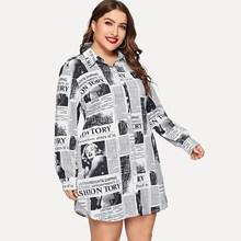 Romwe Plus Newspaper Print Curved Hem Shirt Dress