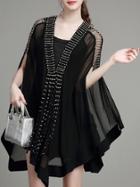 Romwe Black V Neck Beading Cape Dress