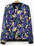 Romwe Purple Stand Collar Floral Loose Jacket