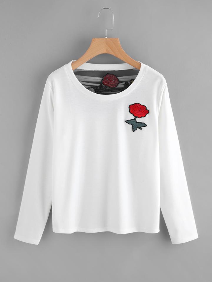 Romwe Rose Embroidered Ladder Cut Back Tee