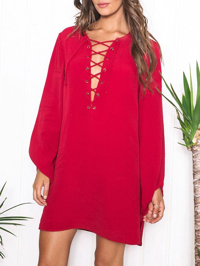 Romwe Red Long Sleeve Bandage Loose Dress