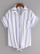 Romwe Knot-front Rolled Sleeve Blue Vertical Striped Blouse