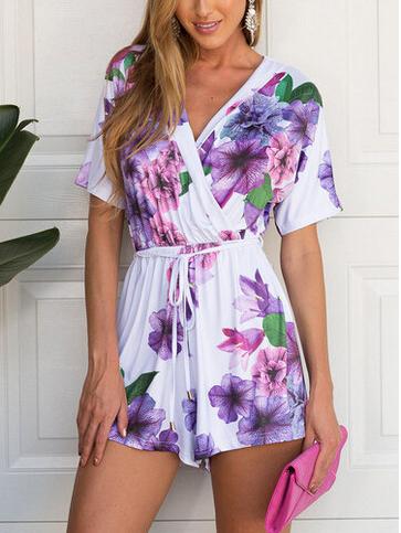 Romwe White Flower Print Surplice Front Romper