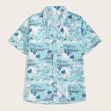 Romwe Guys Landscape Print High Low Hawaiian Shirt
