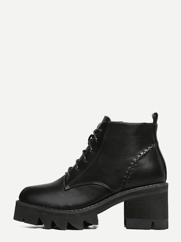 Romwe Black Faux Leather Lace Up Zipper Topstitch Platform Boots
