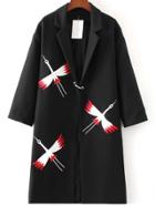 Romwe Black Bird Embroidery Longline Coat