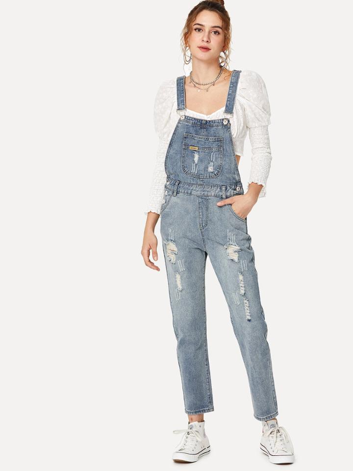 Romwe Ripped Faded Denim Overalls