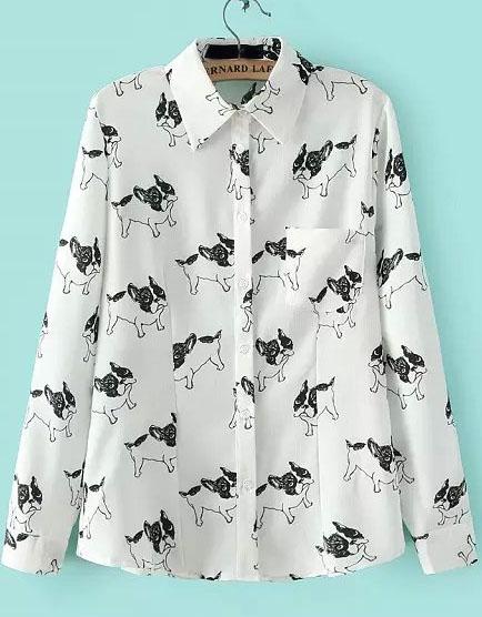 Romwe White Lapel Long Sleeve Dogs Print Blouse