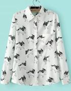 Romwe White Lapel Long Sleeve Dogs Print Blouse