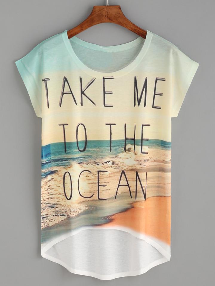 Romwe Graphic Print High Low T-shirt