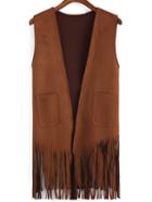 Romwe Tassel Pockets Suede Khaki Vest