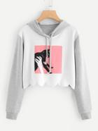 Romwe Cat Print Contrast Sleeve Crop Hoodie