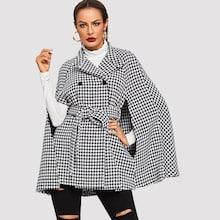 Romwe Cloak Sleeve Tie Waist Houndstooth Coat