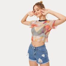 Romwe Tie Dye Sheer Ringer Tee