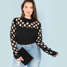 Romwe Plus Mock-neck Geo Cutout Yoke Top