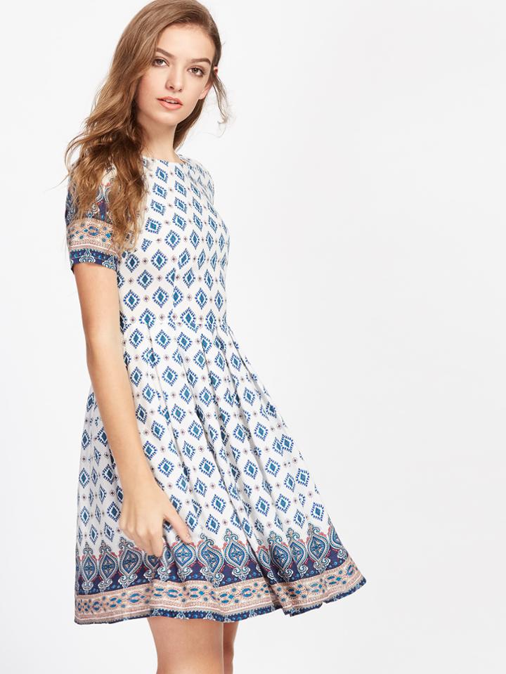 Romwe Ornate Print Fit And Flare Dress