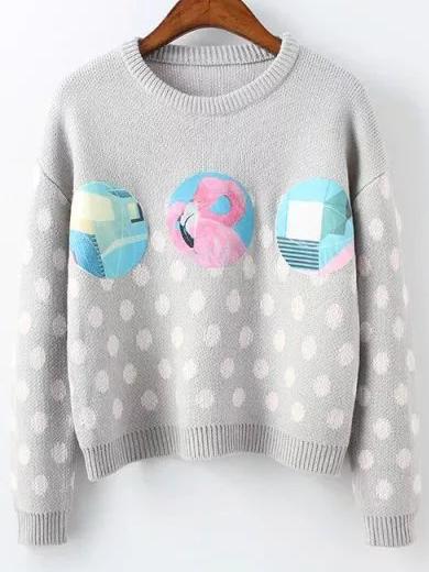 Romwe Grey Polka Dot Ribbed Trim Patch Sweater