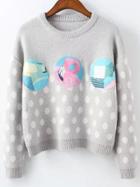Romwe Grey Polka Dot Ribbed Trim Patch Sweater