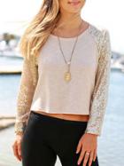 Romwe Long Sleeve Slit Sequined T-shirt