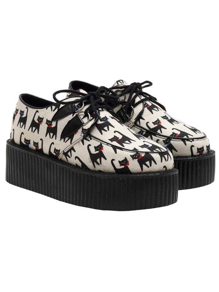 Romwe Apricot Cat Print Pu Lace Up Heavy-bottomed Flats