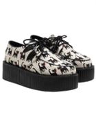 Romwe Apricot Cat Print Pu Lace Up Heavy-bottomed Flats