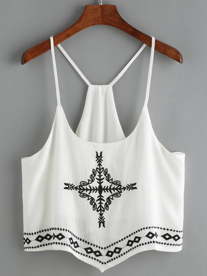 Romwe Spaghetti Strap Embroidered Cami Top