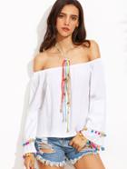 Romwe White Pom Pom Trim Bell Sleeve Off The Shoulder Top
