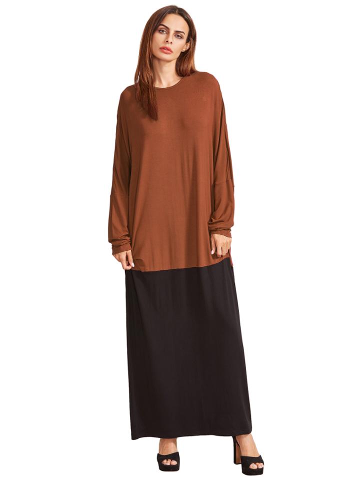 Romwe Color Block Round Neck Long Sleeve Maxi Dress