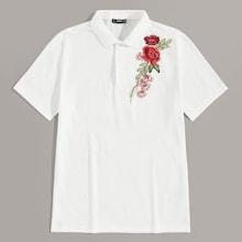 Romwe Guys Flower Embroidered Polo Shirt