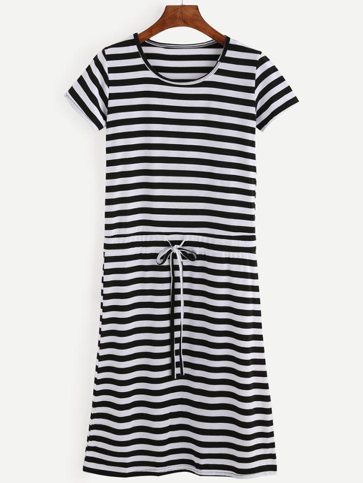 Romwe Black White Striped Drawstring Tee Dress