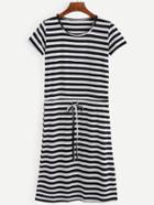 Romwe Black White Striped Drawstring Tee Dress