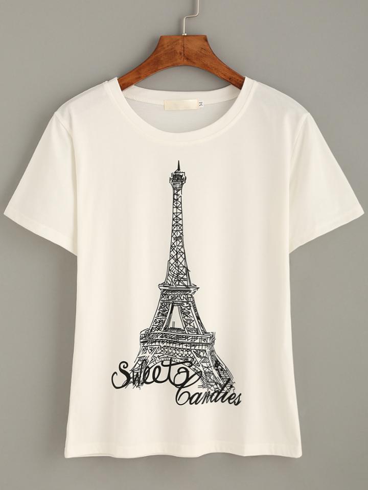 Romwe White Eiffel Tower Print T-shirt