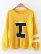 Romwe Yellow Varsity Print Drop Shoulder Sweater