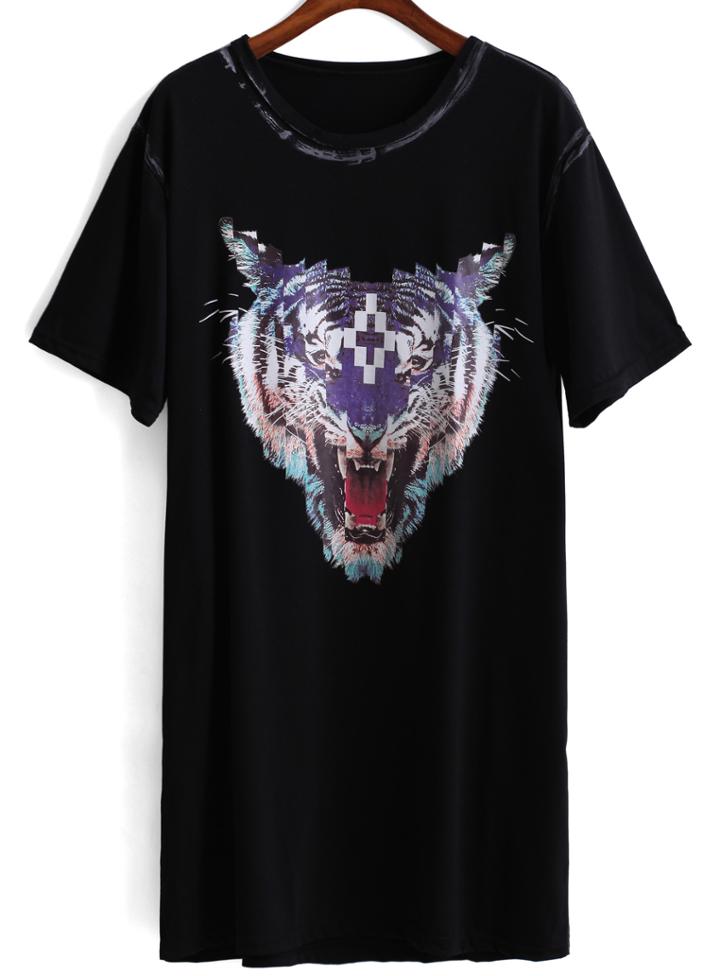 Romwe Tiger Print Long Black T-shirt
