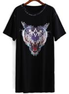 Romwe Tiger Print Long Black T-shirt