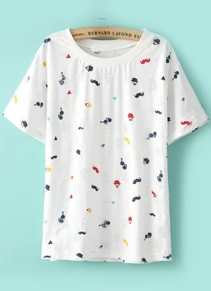 Romwe Moustache Glasses Print Ripped T-shirt