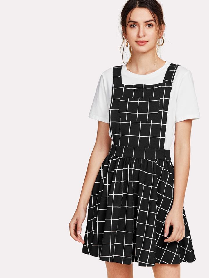 Romwe Bow Tie Back Grid Pinafore Dress