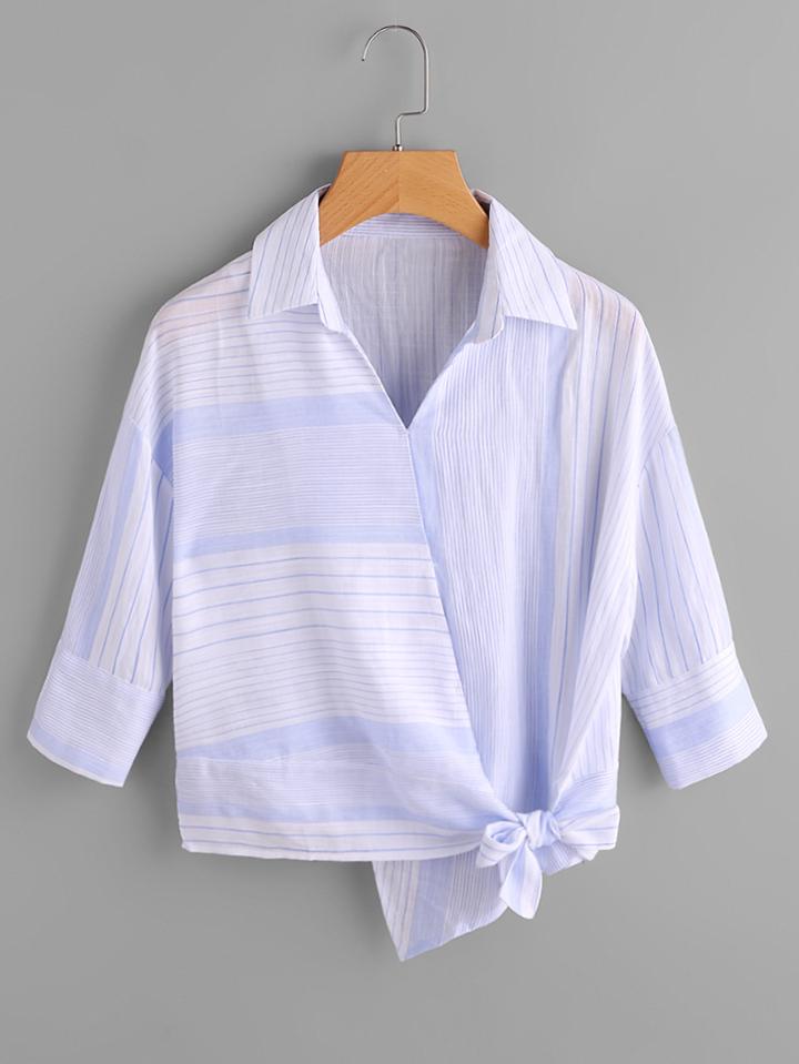 Romwe Striped Side Knot Asymmetric Hem Blouse
