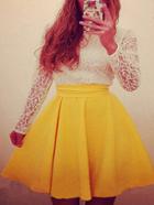 Romwe Contrast Lace Bow Flare Yellow Dress